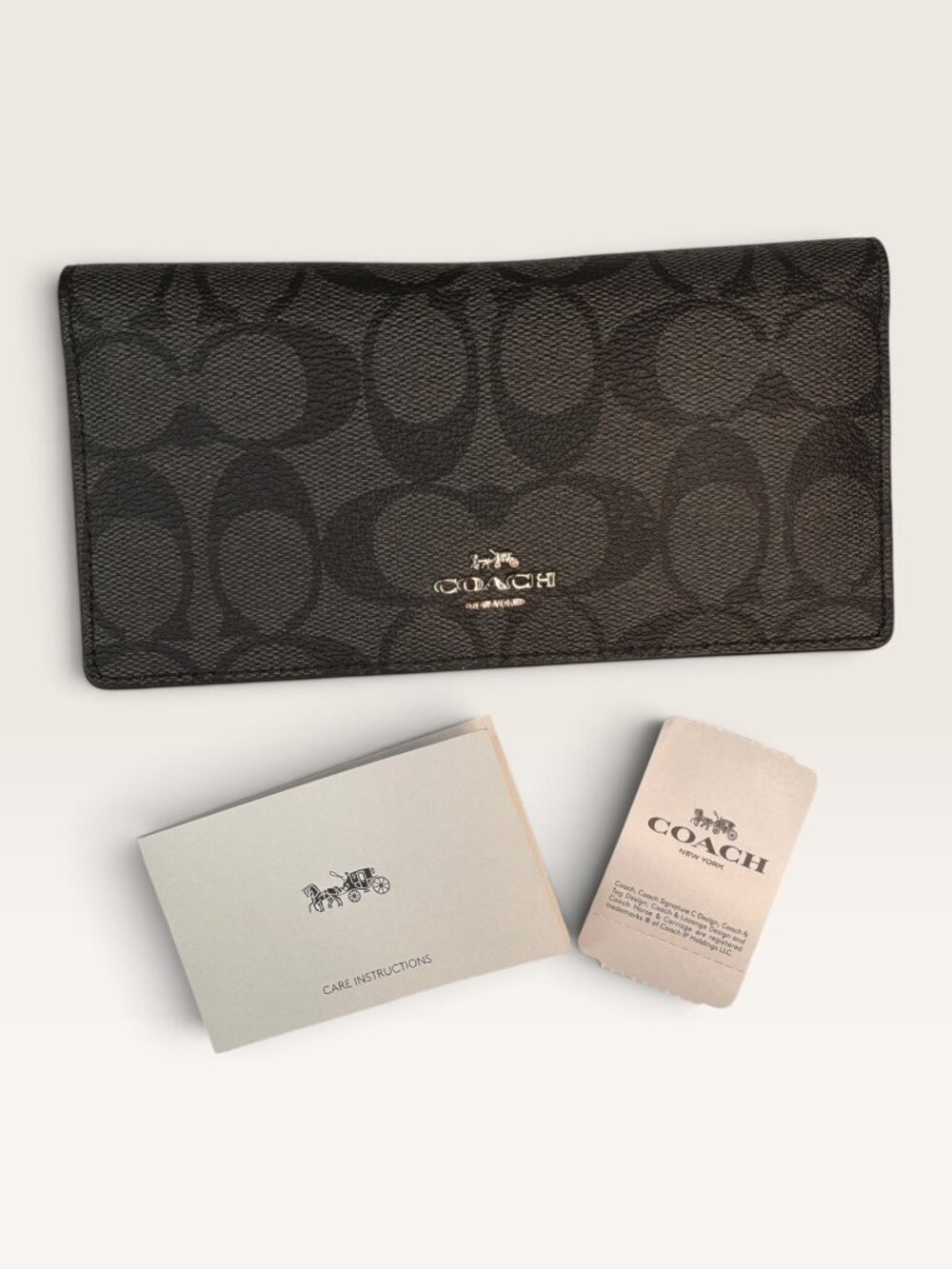 Coach Signature Slim Bifold Wallet Checkbook Black Smoke Grey Leather Card F8802